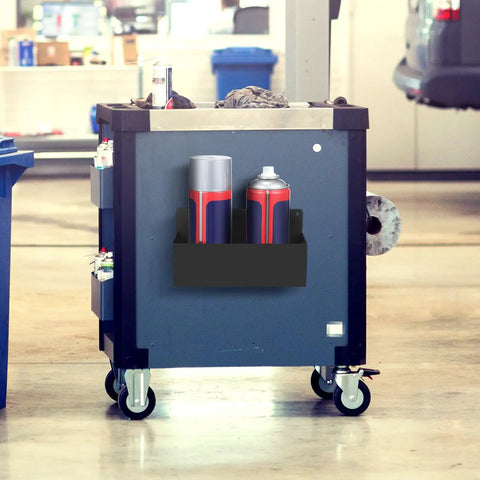 Magnetic Spray Can Holder 4 Pack Heavy Duty Pro Grade Wall Mounted Bottle Rack For Garage And Home Workshop Easy Install Organize Paints, Oils, And Cleaners For Quick Access holding cans on a workshop cart.