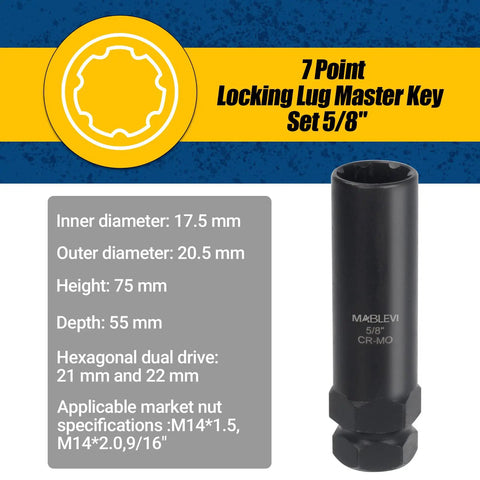 7 Point Locking Lug Master Key with dimensions and descriptions, part of the Eight Piece Wheel Lock Removal Kit With Spline Lug Nut Keys
