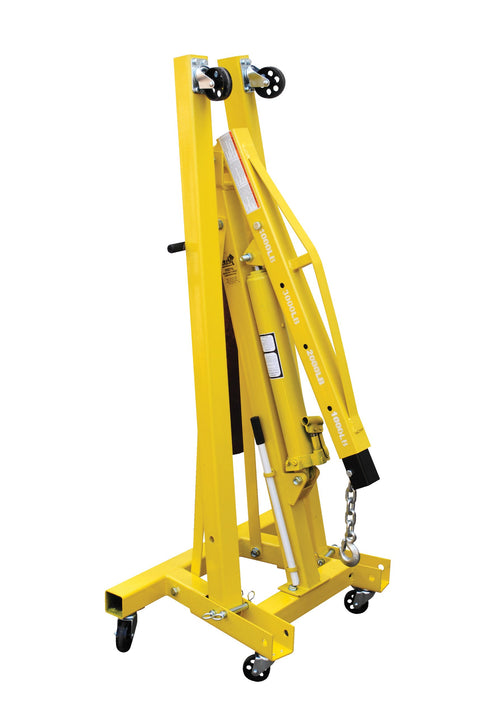 Heavy Duty Engine Hoist With Folding Legs For Shop Safety, yellow portable crane with sturdy base, ideal for garage lifting tasks.
