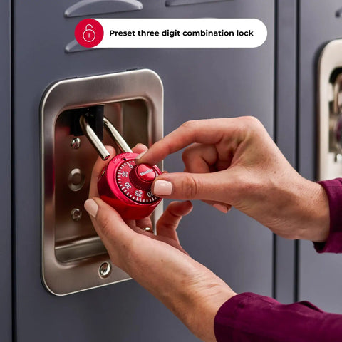 Three Digit Combination Locker Lock Padlock For School And Gym Use, Keyless Security For Lockers, Indoor Use Only, Colors May Vary Red, Preset Convenience And Durable Steel Build, Fits Standard Backset And Door Thickness