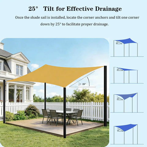 Two Pack 11.4 Ft Outdoor Sun Shade Sail Pole Kit With Heavy Duty Steel Posts And Dual Bases For Cement Or Lawn Perfect For Patio Garden Deck Shade Canopy, installed yellow canopy on patio with table and chairs.