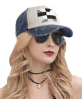 Unisex Adjustable Cotton Baseball Cap With Classic Black And White Piano Grid Pattern Breathable Comfort Fit Sun Hat worn by a person with sunglasses.