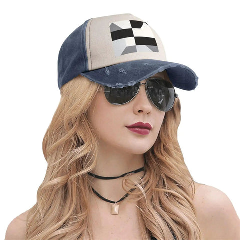 Unisex Adjustable Cotton Baseball Cap With Classic Black And White Piano Grid Pattern Breathable Comfort Fit Sun Hat worn by a person with sunglasses.