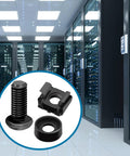 Close-up of M6 Rack Mount Screws Kit 45 Pack With Cage Nuts And Washers for square hole server racks in data center.