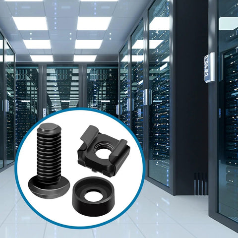 Close-up of M6 Rack Mount Screws Kit 45 Pack With Cage Nuts And Washers for square hole server racks in data center.