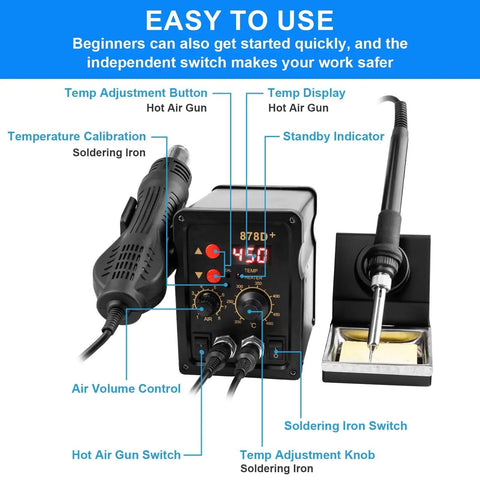 2 In 1 Hot Air Rework Soldering Station Kit With Rapid Heat Up, Dual Independent Control, Auto Sleep And Calibration, front view