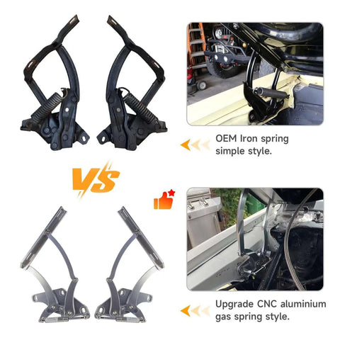 Hood Hinges Set For Ford Mustang 1971 To 1973 Beefed Up Billet CNC Aluminum Left And Right Upgrade with OEM vs. Upgrade comparison