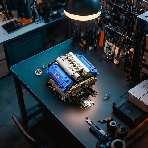 V8 Engine Model Kit That Runs Motorized Hands On Working Visible Engine With Chain And Cylinder Linkage For Adults Stem Mechanical Building Toy Gift For Car Enthusiasts, blue ABS bricks on desk