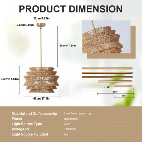 17.3 Inch Rattan Pendant Light showing dimensions and materials, featuring a boho wicker design for dining.