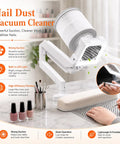 Top Tier Heavy Duty Nail Dust Collector With Crisp Led Lamp And Flexible Rotating Arm For Rapid Acrylic Sweep Ups at a salon desk.