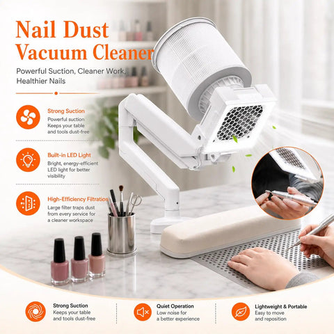 Top Tier Heavy Duty Nail Dust Collector With Crisp Led Lamp And Flexible Rotating Arm For Rapid Acrylic Sweep Ups at a salon desk.