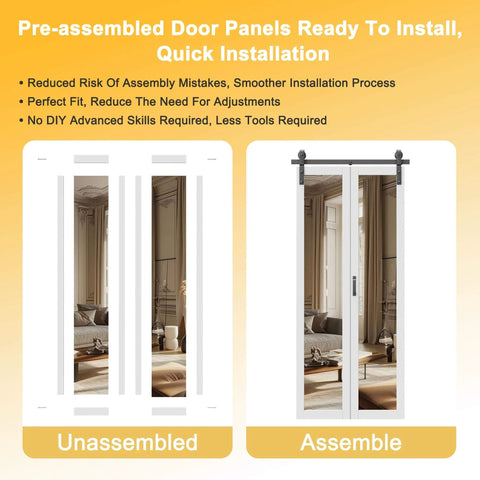 36 By 84 Inch Solid Core Bifold Barn Door Set With Full Length Mirror, Space Saving Design, Unassembled and Assembled Panels