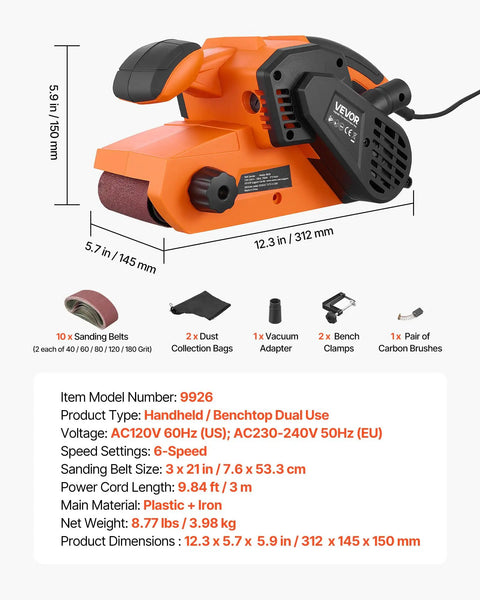 Workhorse Grade 3 By 21 Belt Sander With 7 Amp Motor And Six Variable Speeds, handheld sander with dimensions 12.3 x 5.7 x 5.9 inches.