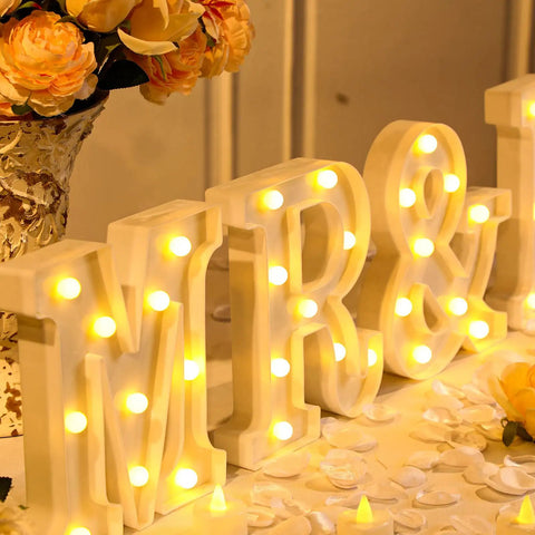 Mr And Mrs LED Light Up Sign 8.4 Inch With 12 Flameless Candles, 300 Artificial Rose Petals for Wedding Table Decor