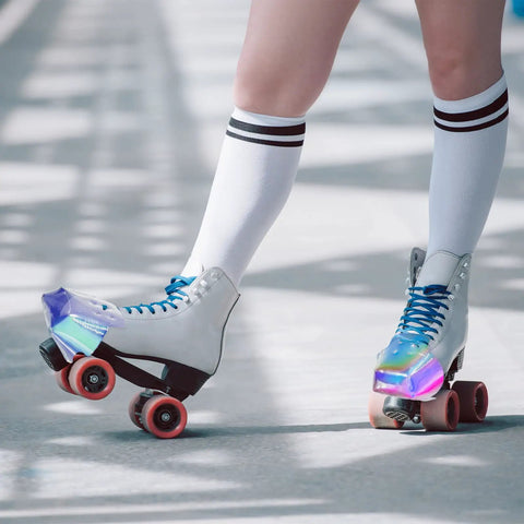 2 Piece Roller Skate Toe Guards Set For Quad Skates, Artificial Leather Protectors In Rainbow Solid Pattern in use outdoors