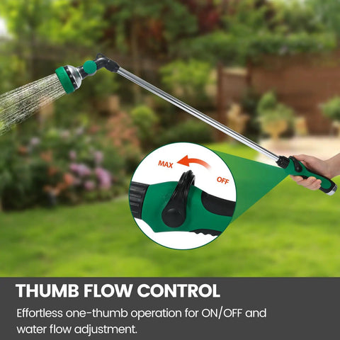 30 Inch Garden Hose Wand With 10 Spray Patterns And Thumb Control in use, showing water flow control in a garden setting.