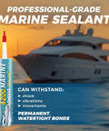Fast Cure Marine Adhesive Sealant for Boats, Hulls, Decks, Ponds and RVs, UV resistant, water-based with yacht in background