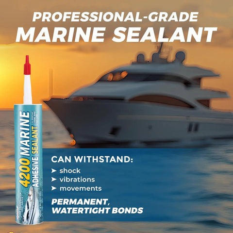 Fast Cure Marine Adhesive Sealant for Boats, Hulls, Decks, Ponds and RVs, UV resistant, water-based with yacht in background