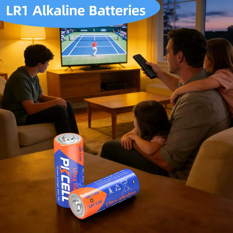 Built Different N Size Alkaline Batteries 1.5 Volt Non Rechargeable Power Cells Five Pack Mn9100 E90 Lr1 in a cozy living room.
