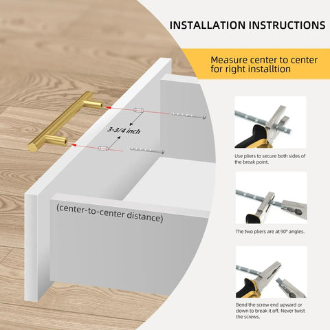 Diagram showing installation of 50 Pack Brushed Brass Cabinet Pulls 3 3/4 Inch Long, Satin Gold Kitchen Drawer Handles