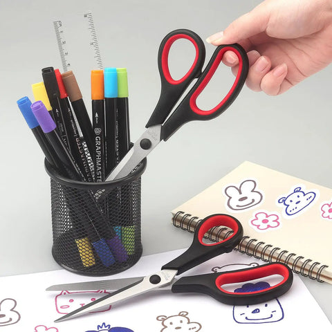 8.5 Inch All Purpose Scissors Set With Stainless Steel Blades, Sharp And Durable Pro Grade Heavy Duty Do It All Multi Purpose Shears, 2 Pack For Kitchen, Craft, Office Tasks And Sewing on desk with pens and notebook
