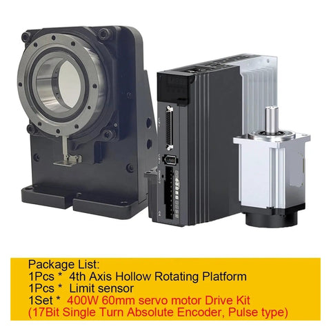 Four Axis Cnc Electric Hollow Rotary Table With Slick Angle Dial And Dead On Accuracy For Heavy Duty Milling Cutting And Visual Inspection 400W Pulse Servo Kit 18 To 1 Gear Ratio - Includes limit sensor and 400W servo motor.