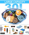 Top view of the Large Beach Bag For Women Waterproof And Sandproof With Zipper Wet Pocket Beach Tote filled with towels and accessories