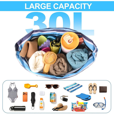 Top view of the Large Beach Bag For Women Waterproof And Sandproof With Zipper Wet Pocket Beach Tote filled with towels and accessories