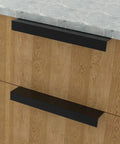 Matte Black Finger Pulls For Cabinets And Edge Drawer Handles For Kitchen shown installed on wooden drawer, front view