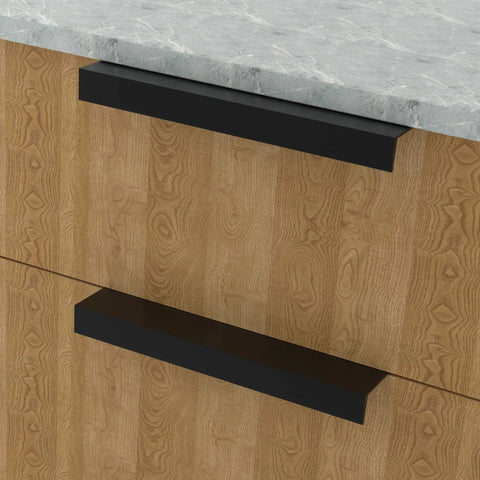 Matte Black Finger Pulls For Cabinets And Edge Drawer Handles For Kitchen shown installed on wooden drawer, front view