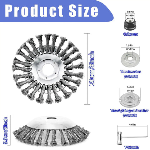 Diagram of 8 Inch Unbreakable Wired Trimmer Blade With Adapter Kit, Steel Wire Cutter Head For Weed Eater, Rotary Brush Trimmer Head For Moss And Rust Removal, component sizes annotated.