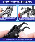 Instructions on changing jaw of Must Have Ultimate C Clip External Retaining Ring Set With 4 In 1 Snap Ring Pliers And Precision Hooks