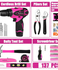 Pink Drill Set For Women 137 Piece Home Tool Kit With 12V Cordless Drill Charger Battery Hammer Tape Measure Wrenches Pliers Magnetic Wristband Spirit Level Utility Knife 68pc Screw Kit Perfect DIY Gift For Ladies image showing drill, tools, and accessories.