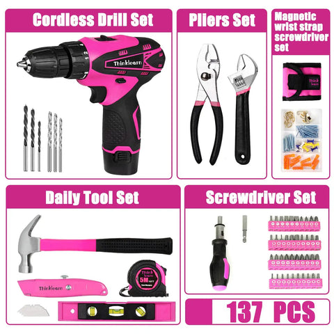 Pink Drill Set For Women 137 Piece Home Tool Kit With 12V Cordless Drill Charger Battery Hammer Tape Measure Wrenches Pliers Magnetic Wristband Spirit Level Utility Knife 68pc Screw Kit Perfect DIY Gift For Ladies image showing drill, tools, and accessories.