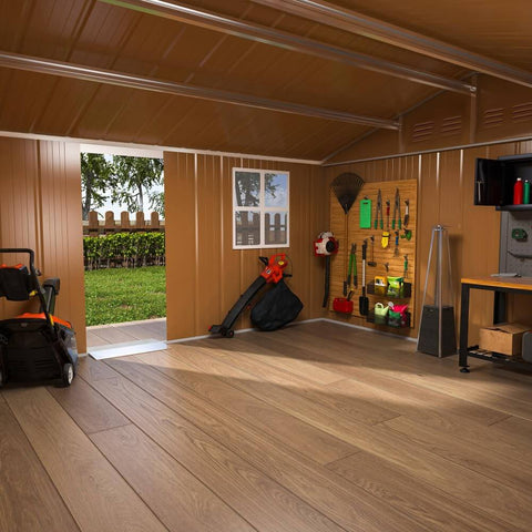 Interior view of 10x12 Ft Heavy Duty Metal Outdoor Storage Shed With Lockable Sliding Door Windows And Ventilation Weatherproof Garden Shed For Backyard Lawn Tools Equipment And Pet Shelter Go To Backyard Storage Solution showing organized tools and wooden floor.
