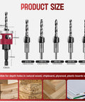7-Piece Countersink Drill Bit Set With M2 HSS And 1/4-Inch Hex Shank, sizes detailed for woodworking projects