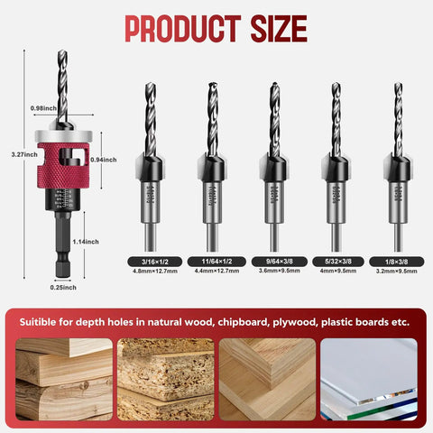 7-Piece Countersink Drill Bit Set With M2 HSS And 1/4-Inch Hex Shank, sizes detailed for woodworking projects