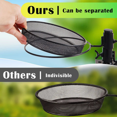 Person holding metal mesh tray next to clamp setup for deck bird feeder, illustrating detachable feature and comparison with others.