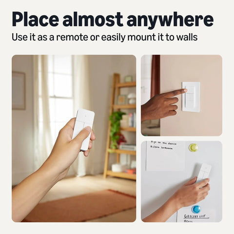 Smart Dimmer Switch And Remote For Music And Routines Alexa Compatible shown handheld, wall-mounted, and on a fridge