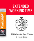 PlasticWeld Two Part Epoxy Putty for Plastic Repair with extended 25-minute set time and 3-hour cure.