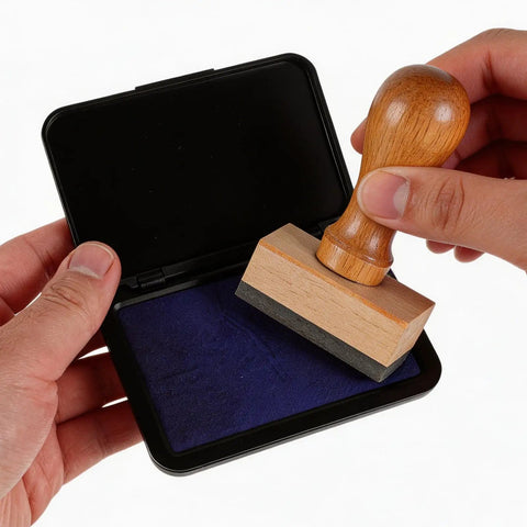 Hand holding wooden rubber stamp over Top Tier Fast Dry Ink Pad For Rubber Stamps And Crafting Projects.