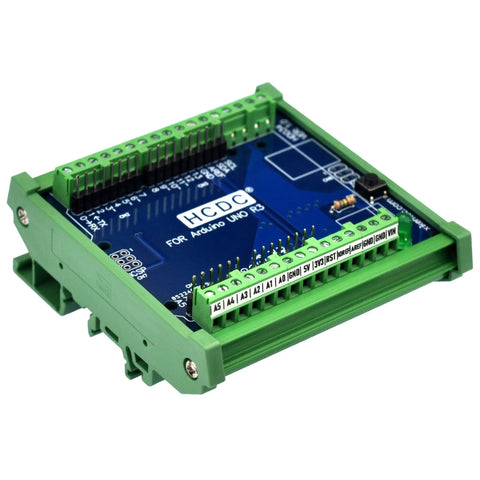 Din Rail Mount Pinout Breakout Terminal Block Module For UNO R3 Builds With 3.81mm Pitch Screw Terminal 26-16AWG Wire Range 5mm Strip M2 Slotted Screw, green PCB