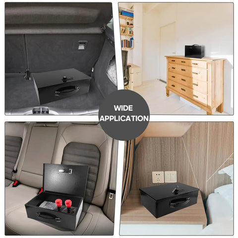 Fireproof Document Safe Box With Dual Lock System in car trunk, home office, car seat, and bedroom for secure storage.