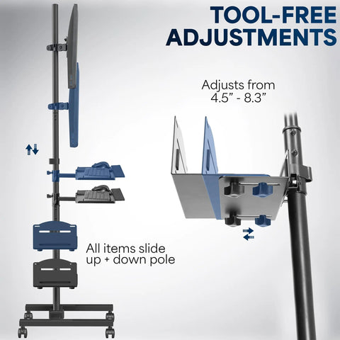 Built Tough Mobile Computer Cart With Smooth Glide Wheels And Adjustable Monitor Stand Engineered For Big Screens Up To Thirty Two Inches showing tool-free adjustment features.