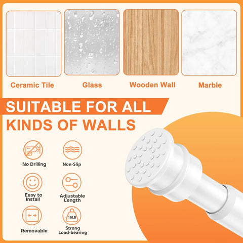 Adjustable Tension Curtain Rod Set 26 To 48 Inches 6 Pack Tool Free Install Easy Twist White shown with wall compatibility