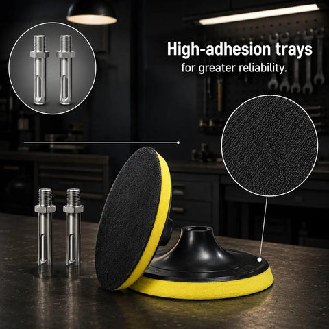 Rock Solid 5 Inch 8 Hole Zirconia Alumina Sanding Discs With Hook And Loop Adhesive For Random Orbital Sanders, black and yellow foam backing.