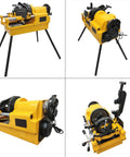 Built Tough Electric Pipe Threader Machine Combining Cutting Trimming And Threading For One Half To Three Inch NPT BSPT Water Gas Pipes And Electrical Conduits Working Like A Charm On 220V, yellow heavy-duty unit on tripod.