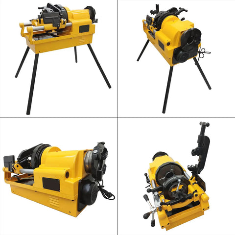 Built Tough Electric Pipe Threader Machine Combining Cutting Trimming And Threading For One Half To Three Inch NPT BSPT Water Gas Pipes And Electrical Conduits Working Like A Charm On 220V, yellow heavy-duty unit on tripod.