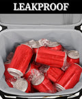 Insulated Picnic Backpack With Marble Gloss Finish, Spacious Lunch Tote open with red cans and ice, leakproof interior