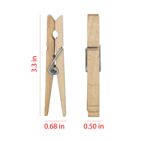 Tough As Nails Wooden Clothespins With Heavy Duty Spring Clip, 3.3in size, showing front and side view for line drying laundry and sealing bags.